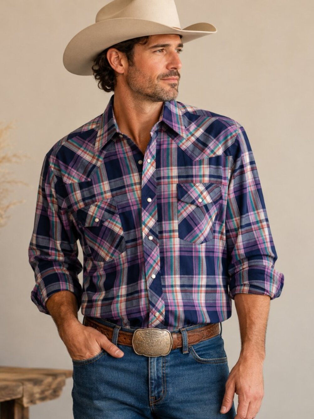 Wrangler Mens 15.5 32 Plaid Pearl Snap Western Shirt Cowboy Long Sleeve